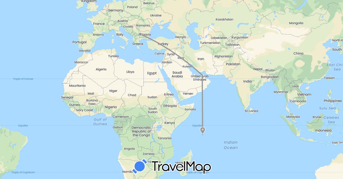 TravelMap itinerary: driving, plane in United Arab Emirates, Bulgaria, Seychelles (Africa, Asia, Europe)